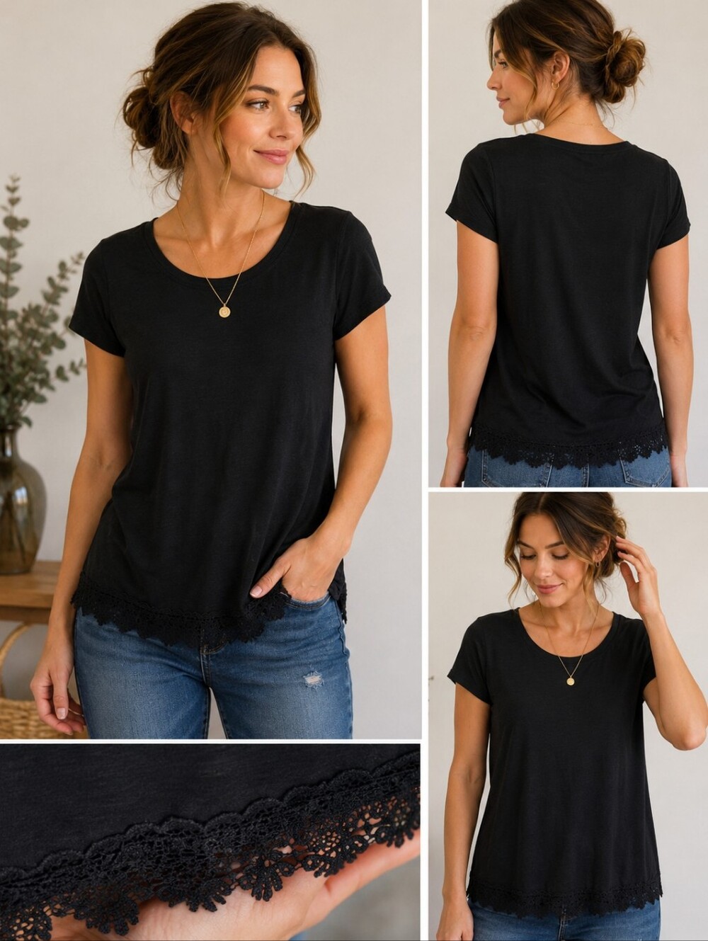 Sun & Shadow Black Tee with Lace Trim Hem Size L